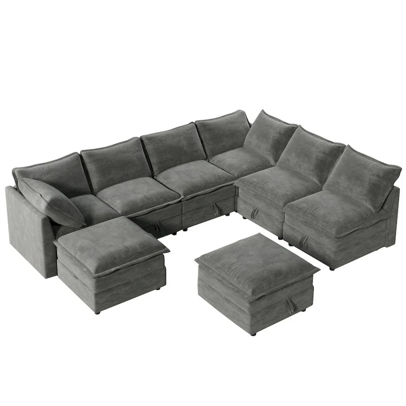 Divano sezionale modulare da 8 pezzi blu/grigio/beige con contenitore, cuscini a doppio strato