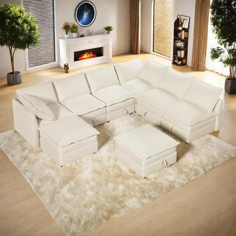 Divano sezionale modulare da 8 pezzi blu/grigio/beige con contenitore, cuscini a doppio strato