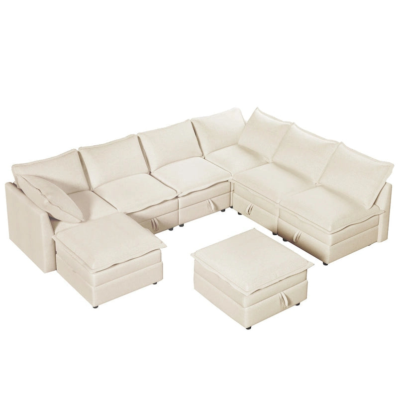 Divano sezionale modulare da 8 pezzi blu/grigio/beige con contenitore, cuscini a doppio strato