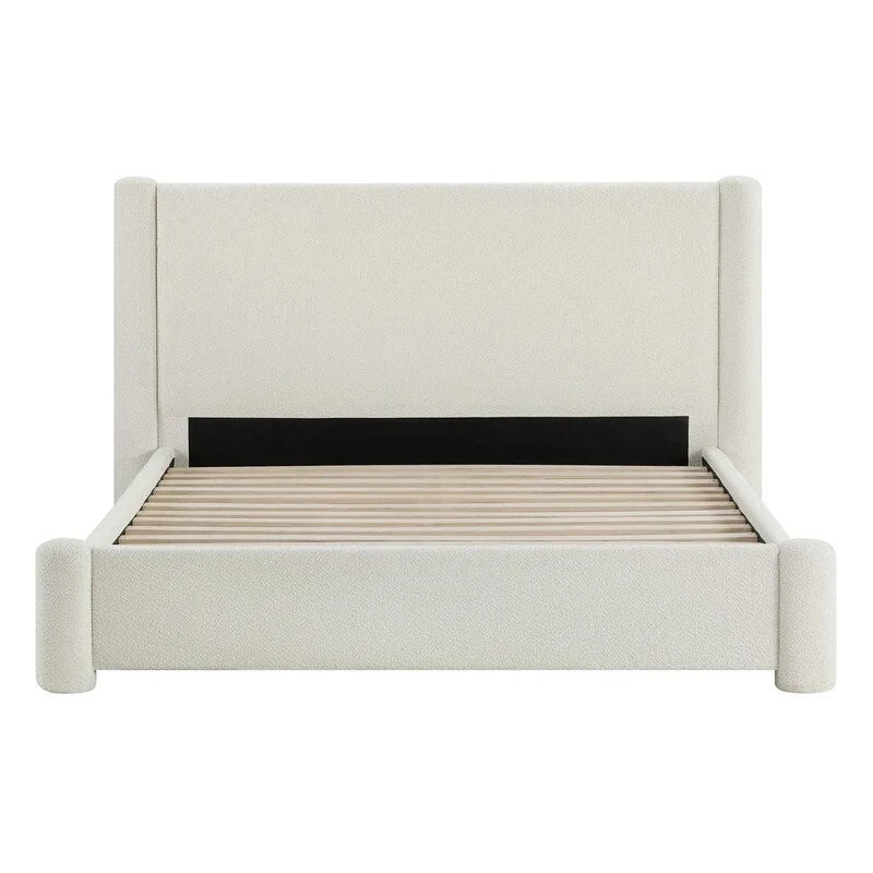 Struttura letto a piattaforma imbottita in bouclé color crema con testiera ampia, Queen, 1 posto