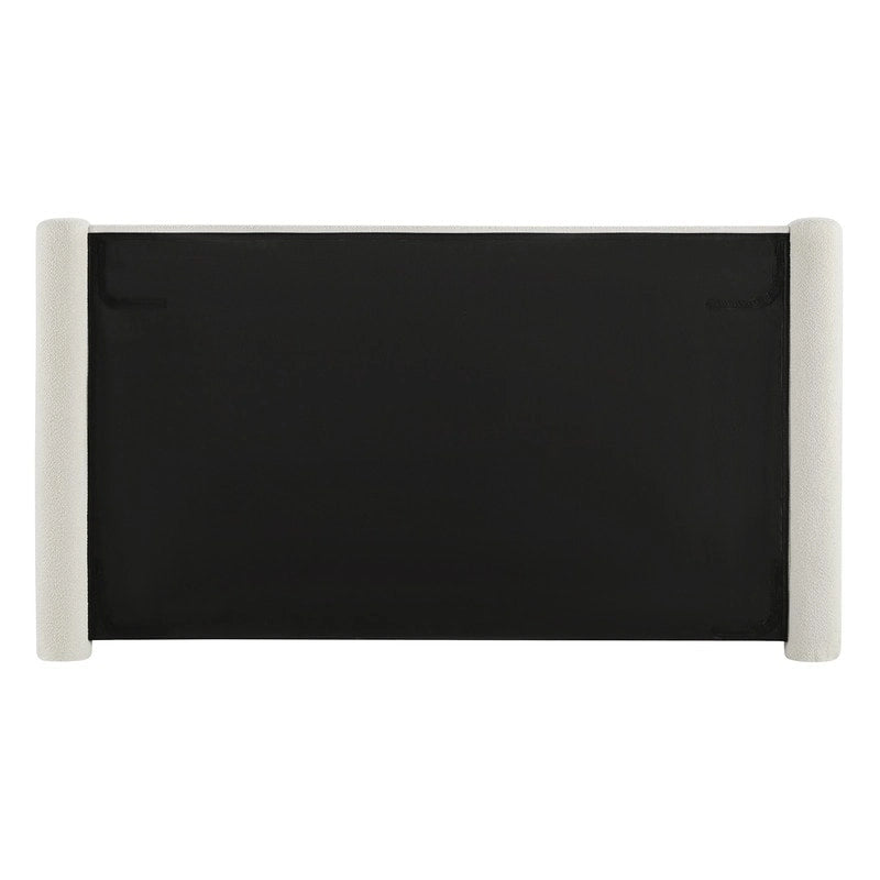 Struttura letto a piattaforma imbottita in bouclé color crema con testiera ampia, Queen, 1 posto