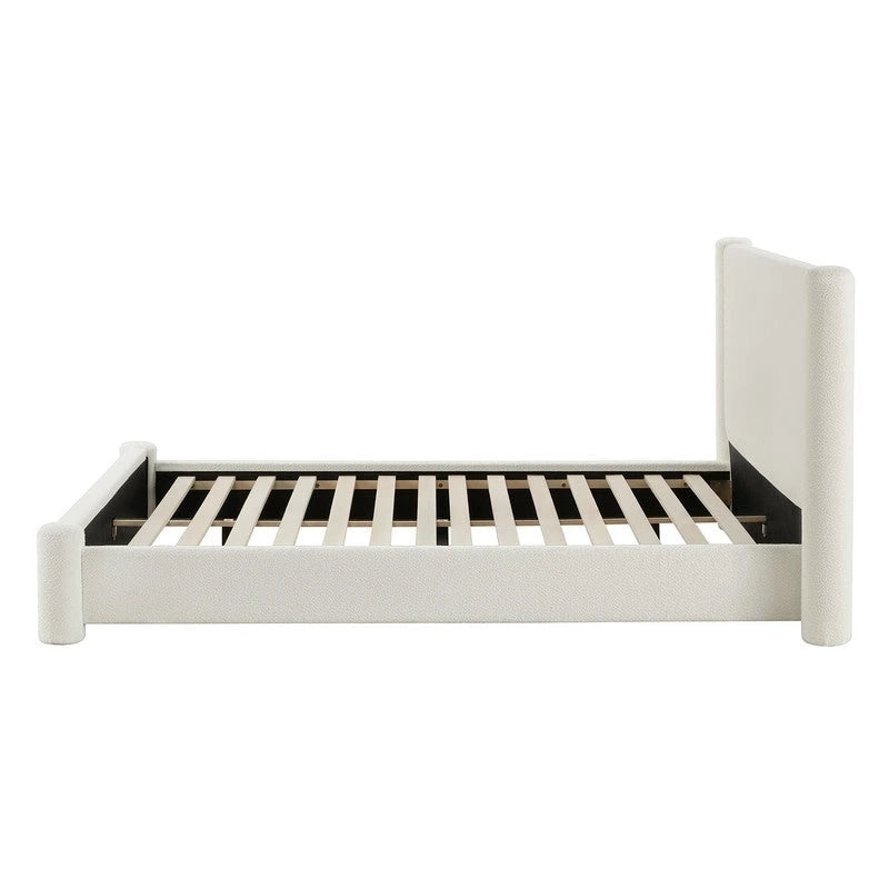 Struttura letto a piattaforma imbottita in bouclé color crema con testiera ampia, Queen, 1 posto