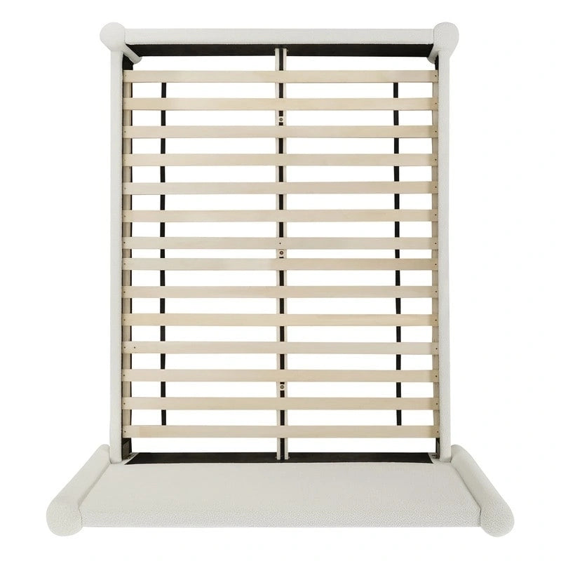 Struttura letto a piattaforma imbottita in bouclé color crema con testiera ampia, Queen, 1 posto