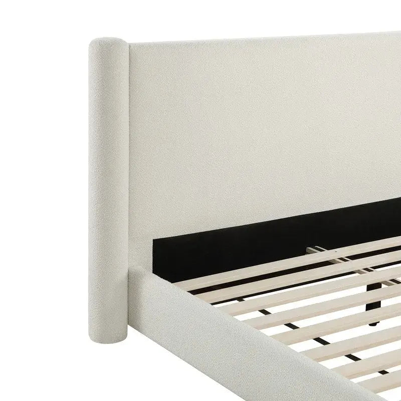 Struttura letto a piattaforma imbottita in bouclé color crema con testiera ampia, Queen, 1 posto