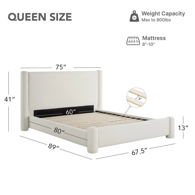 Struttura letto a piattaforma imbottita in bouclé color crema con testiera ampia, Queen, 1 posto