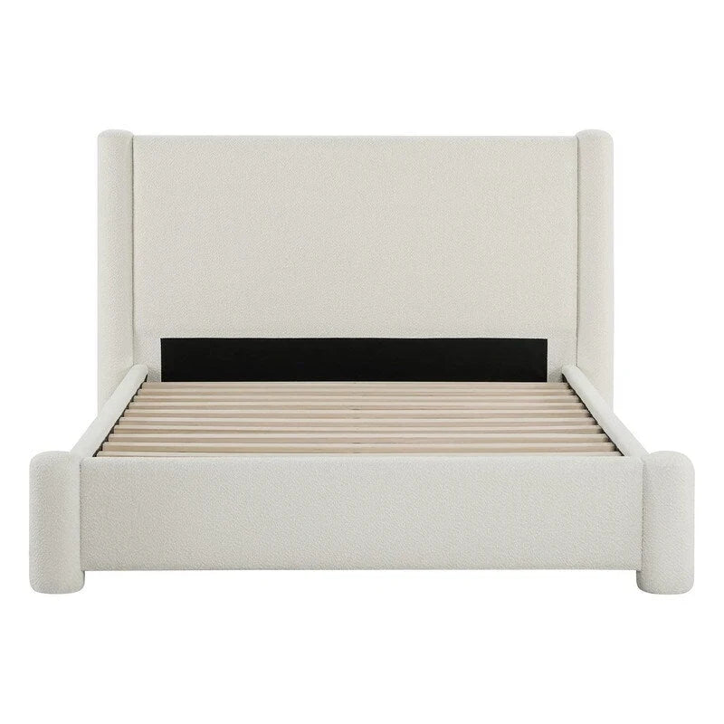 Struttura letto a piattaforma imbottita in bouclé color crema con testiera ampia, Queen, 1 posto