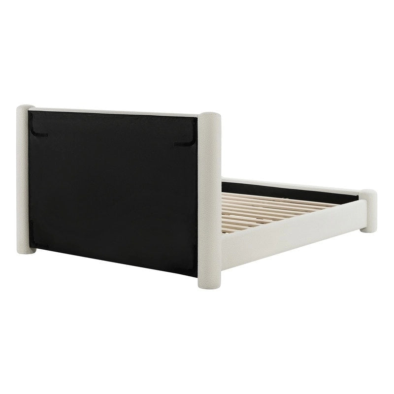 Struttura letto a piattaforma imbottita in bouclé color crema con testiera ampia, Queen, 1 posto