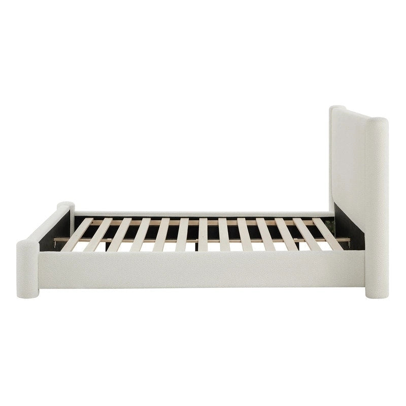 Struttura letto a piattaforma imbottita in bouclé color crema con testiera ampia, Queen, 1 posto