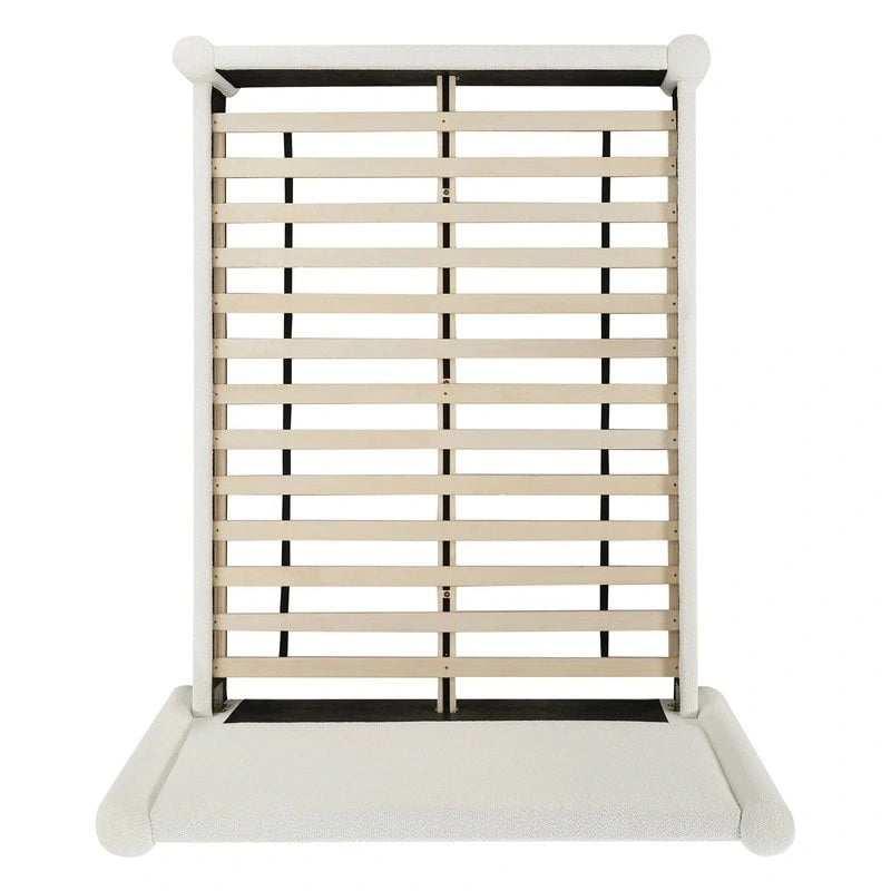 Struttura letto a piattaforma imbottita in bouclé color crema con testiera ampia, Queen, 1 posto