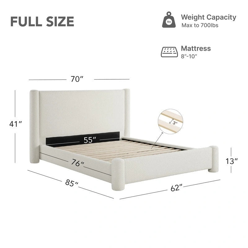 Struttura letto a piattaforma imbottita in bouclé color crema con testiera ampia, Queen, 1 posto