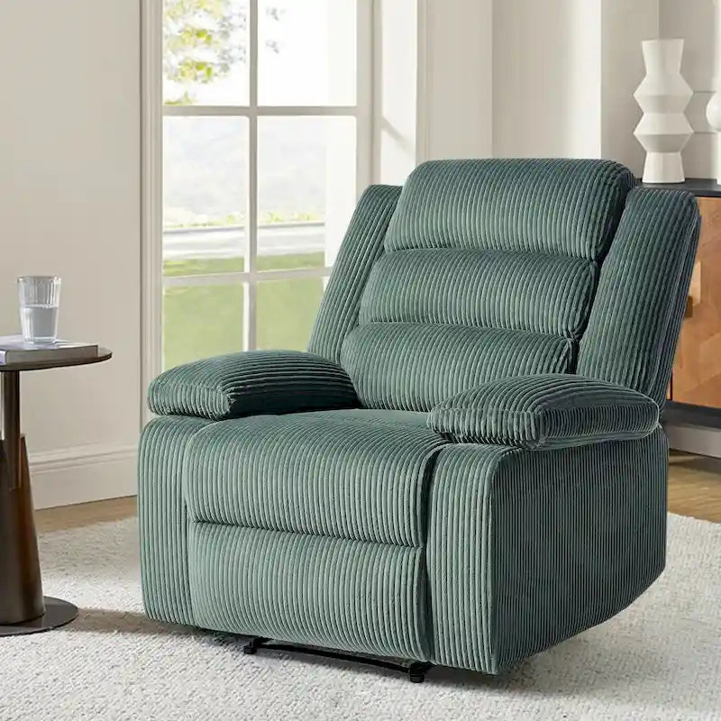 Poltrona reclinabile monoposto in velluto a coste grigio scuro/beige/verde-grigio/avena con poggiapiedi