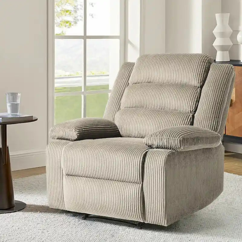 Poltrona reclinabile monoposto in velluto a coste grigio scuro/beige/verde-grigio/avena con poggiapiedi