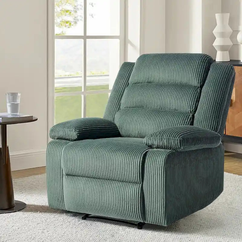 Poltrona reclinabile monoposto in velluto a coste grigio scuro/beige/verde-grigio/avena con poggiapiedi