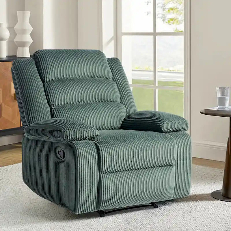 Poltrona reclinabile monoposto in velluto a coste grigio scuro/beige/verde-grigio/avena con poggiapiedi