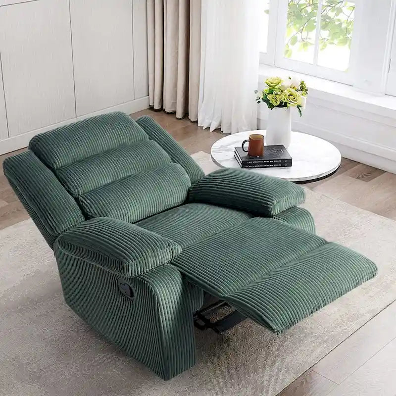 Poltrona reclinabile monoposto in velluto a coste grigio scuro/beige/verde-grigio/avena con poggiapiedi