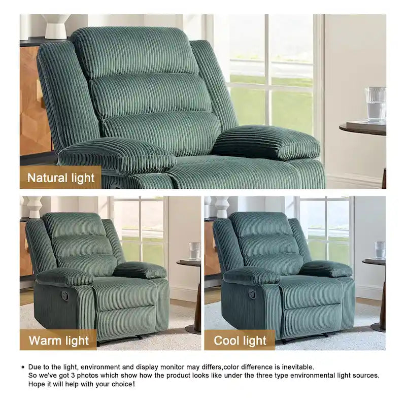 Poltrona reclinabile monoposto in velluto a coste grigio scuro/beige/verde-grigio/avena con poggiapiedi