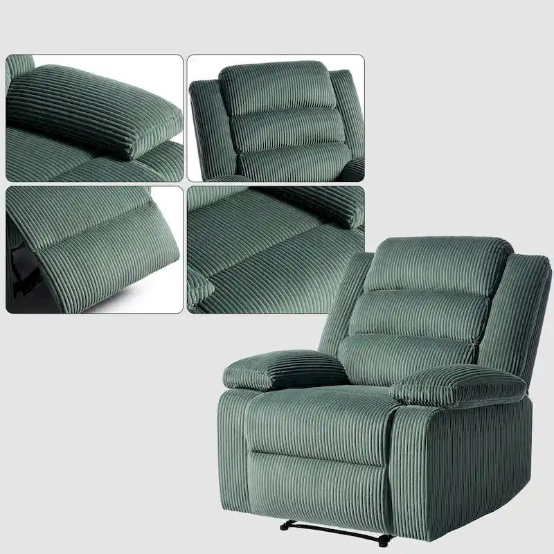 Poltrona reclinabile monoposto in velluto a coste grigio scuro/beige/verde-grigio/avena con poggiapiedi