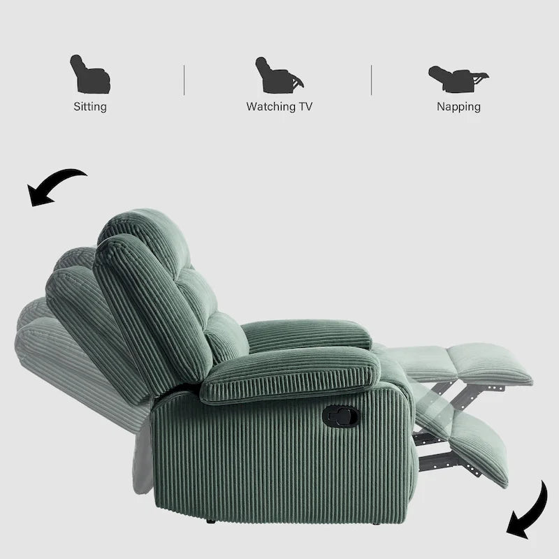 Poltrona reclinabile monoposto in velluto a coste grigio scuro/beige/verde-grigio/avena con poggiapiedi