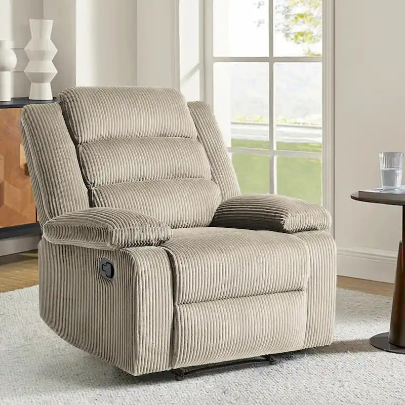 Poltrona reclinabile monoposto in velluto a coste grigio scuro/beige/verde-grigio/avena con poggiapiedi