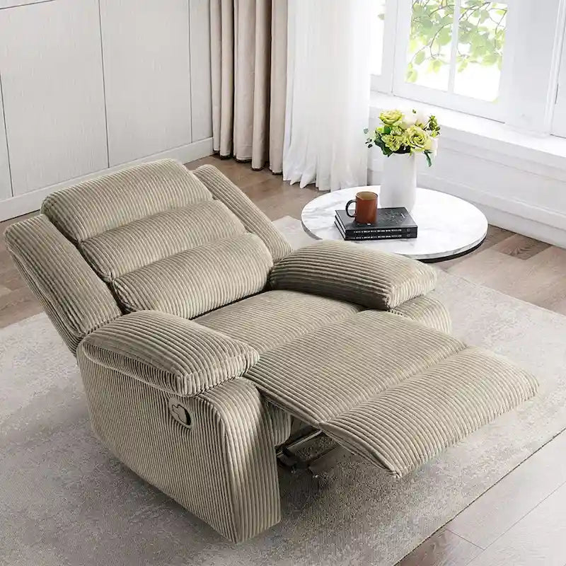 Poltrona reclinabile monoposto in velluto a coste grigio scuro/beige/verde-grigio/avena con poggiapiedi