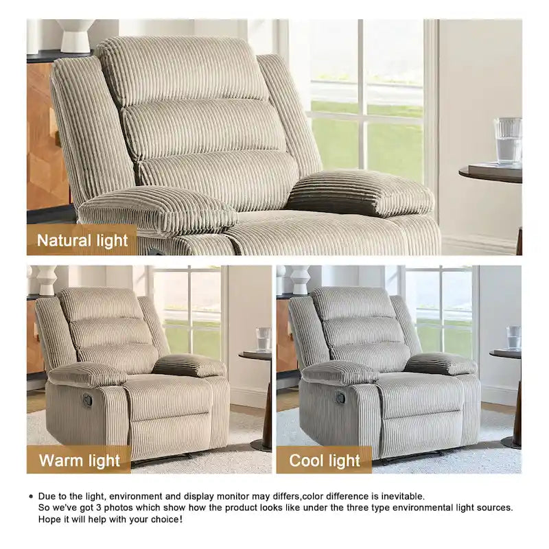 Poltrona reclinabile monoposto in velluto a coste grigio scuro/beige/verde-grigio/avena con poggiapiedi