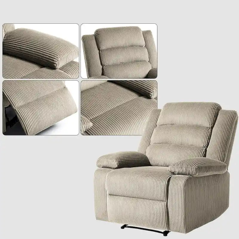 Poltrona reclinabile monoposto in velluto a coste grigio scuro/beige/verde-grigio/avena con poggiapiedi