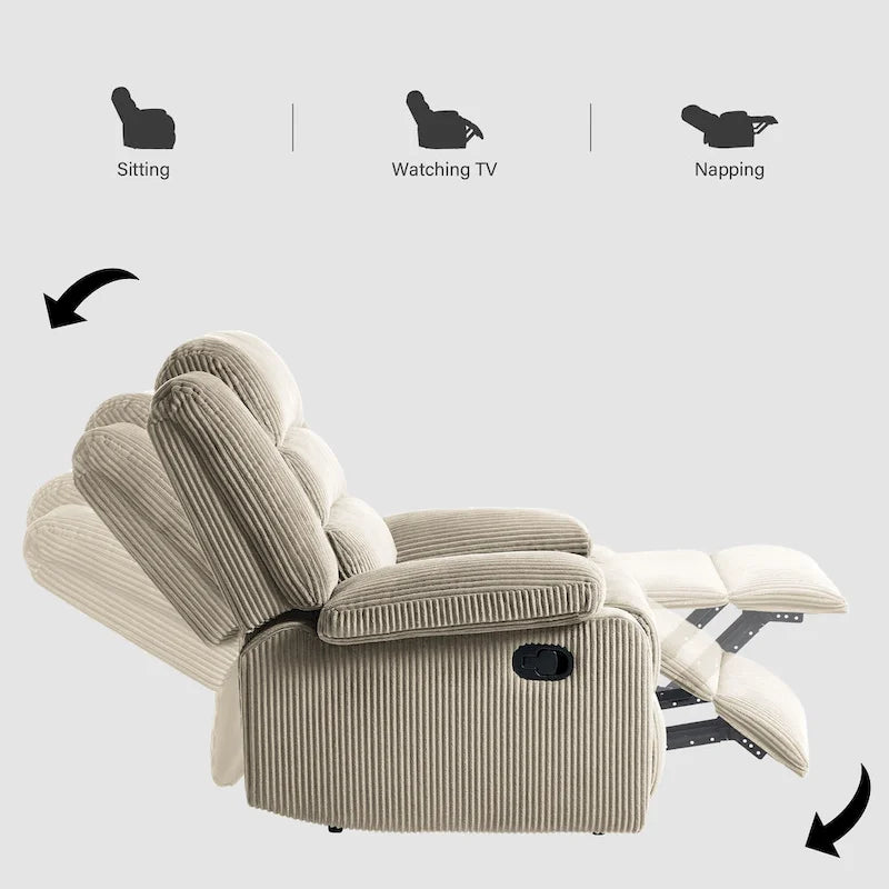 Poltrona reclinabile monoposto in velluto a coste grigio scuro/beige/verde-grigio/avena con poggiapiedi