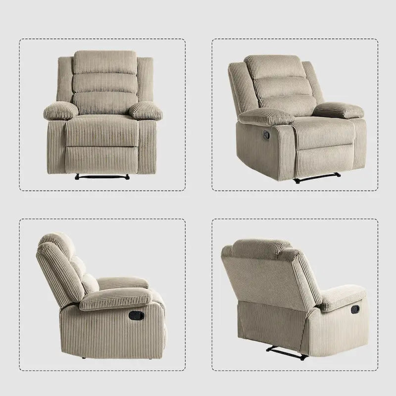 Poltrona reclinabile monoposto in velluto a coste grigio scuro/beige/verde-grigio/avena con poggiapiedi
