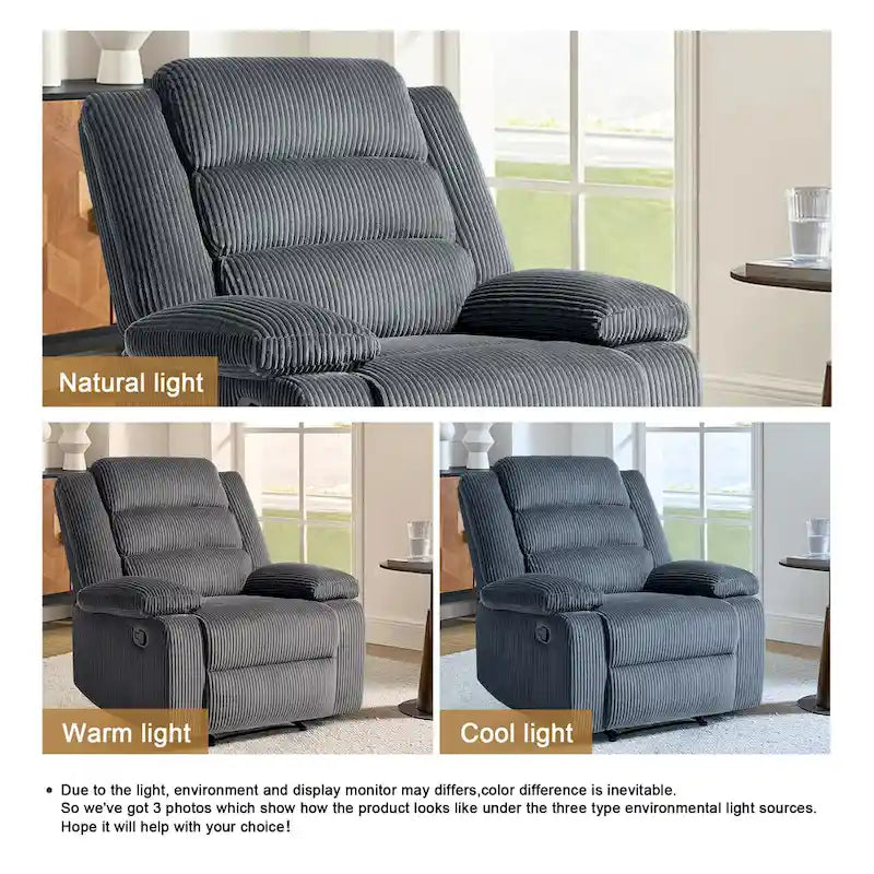 Poltrona reclinabile monoposto in velluto a coste grigio scuro/beige/verde-grigio/avena con poggiapiedi
