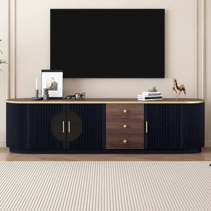 Mobile TV moderno bianco/nero per TV fino a 80", assemblaggio per 2 persone, 3 cassetti e 2 armadietti