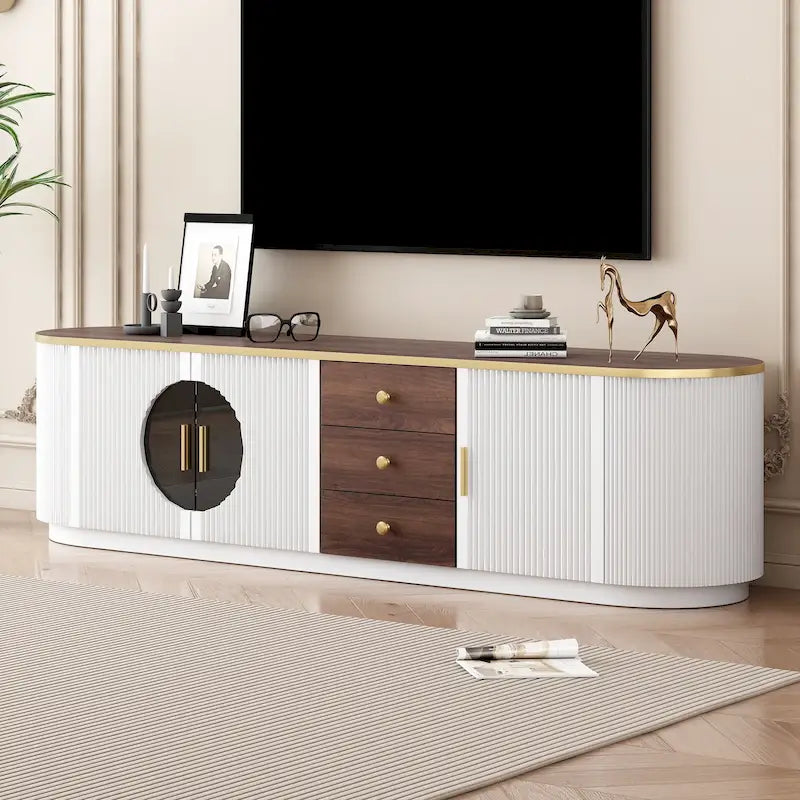 Mobile TV moderno bianco/nero per TV fino a 80", assemblaggio per 2 persone, 3 cassetti e 2 armadietti