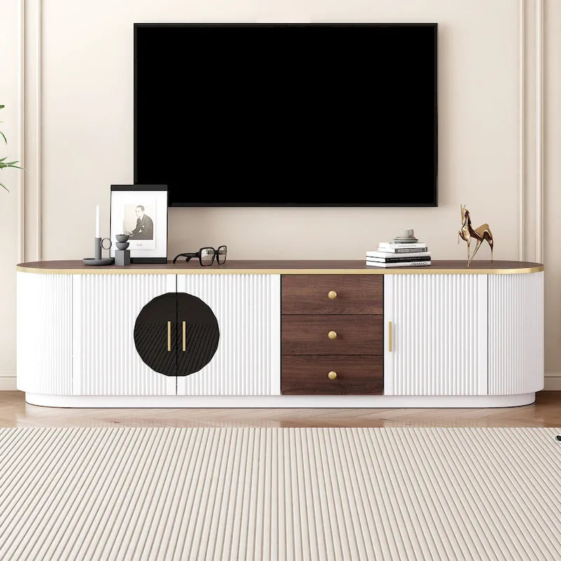 Mobile TV moderno bianco/nero per TV fino a 80", assemblaggio per 2 persone, 3 cassetti e 2 armadietti