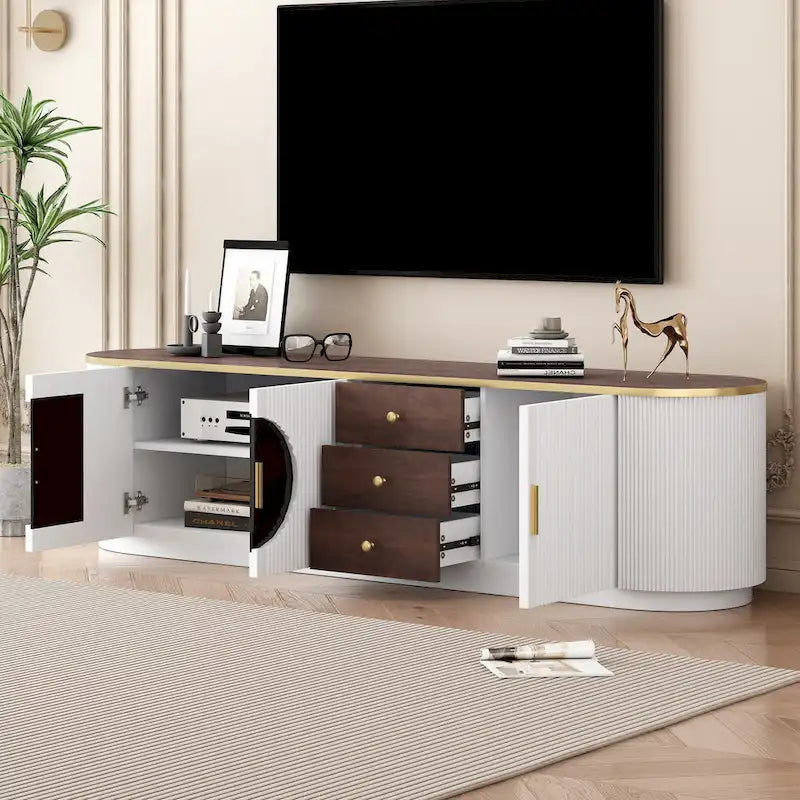 Mobile TV moderno bianco/nero per TV fino a 80", assemblaggio per 2 persone, 3 cassetti e 2 armadietti