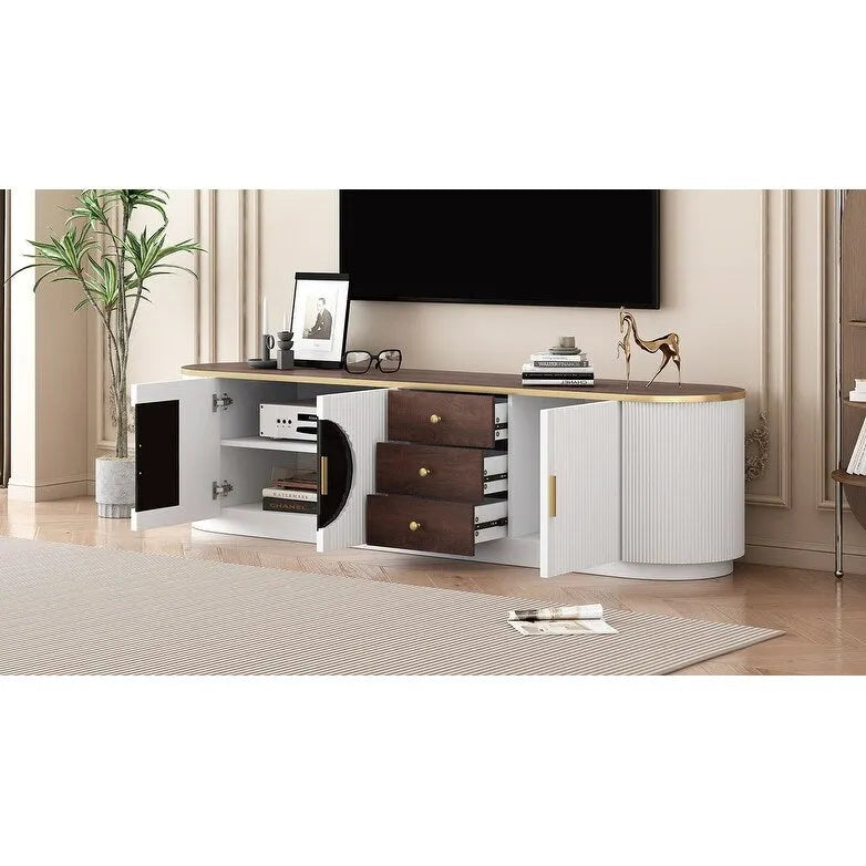 Mobile TV moderno bianco/nero per TV fino a 80", assemblaggio per 2 persone, 3 cassetti e 2 armadietti