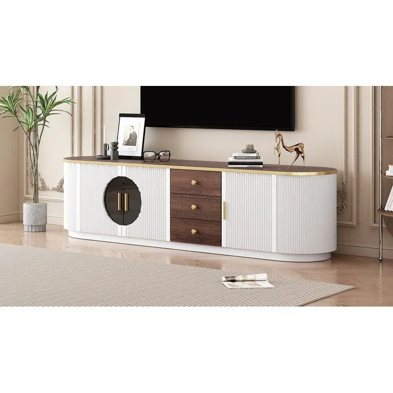 Mobile TV moderno bianco/nero per TV fino a 80", assemblaggio per 2 persone, 3 cassetti e 2 armadietti