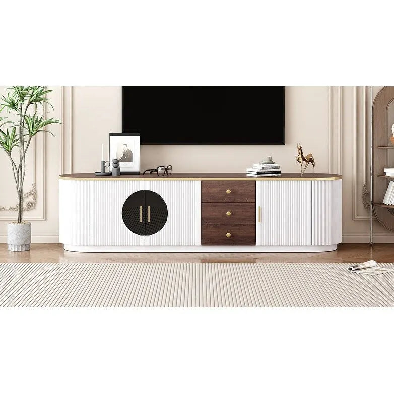 Mobile TV moderno bianco/nero per TV fino a 80", assemblaggio per 2 persone, 3 cassetti e 2 armadietti