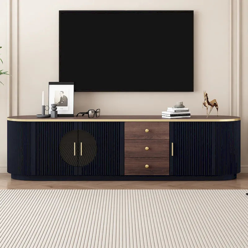 Mobile TV moderno bianco/nero per TV fino a 80", assemblaggio per 2 persone, 3 cassetti e 2 armadietti