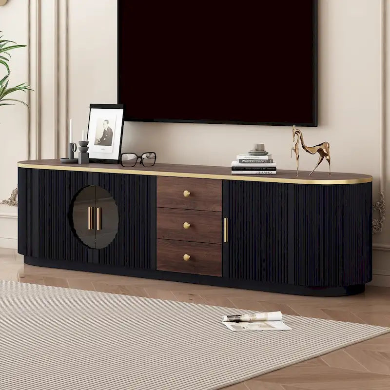 Mobile TV moderno bianco/nero per TV fino a 80", assemblaggio per 2 persone, 3 cassetti e 2 armadietti