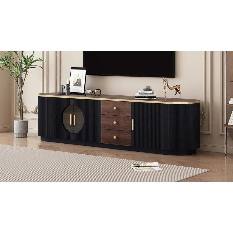 Mobile TV moderno bianco/nero per TV fino a 80", assemblaggio per 2 persone, 3 cassetti e 2 armadietti