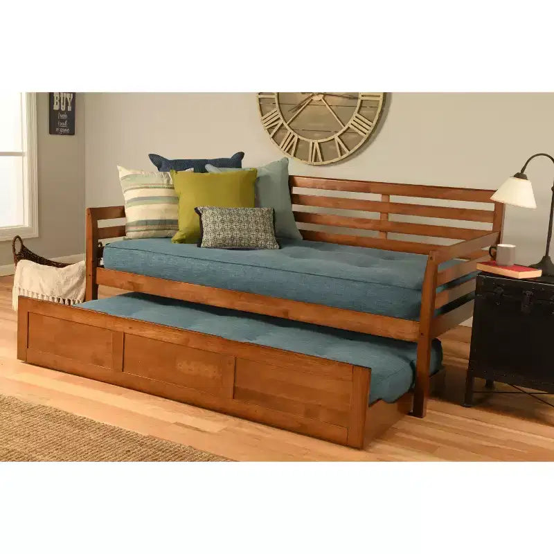 Divano-letto estraibile Yorkville Barbados/Aqua - Doppio comfort: rivestimento in lino, letto singolo, struttura in legno massello, stile moderno
