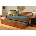 Divano-letto estraibile Yorkville Barbados/Aqua - Doppio comfort: rivestimento in lino, letto singolo, struttura in legno massello, stile moderno