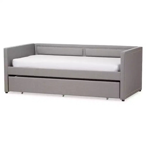 Baxton Studio Twin Raymond Modern and Contemporary Fabric Nailhead Trimmed Sofa Daybed with Roll Out Trundle Guest Bed Gray: Rubberwood Frame