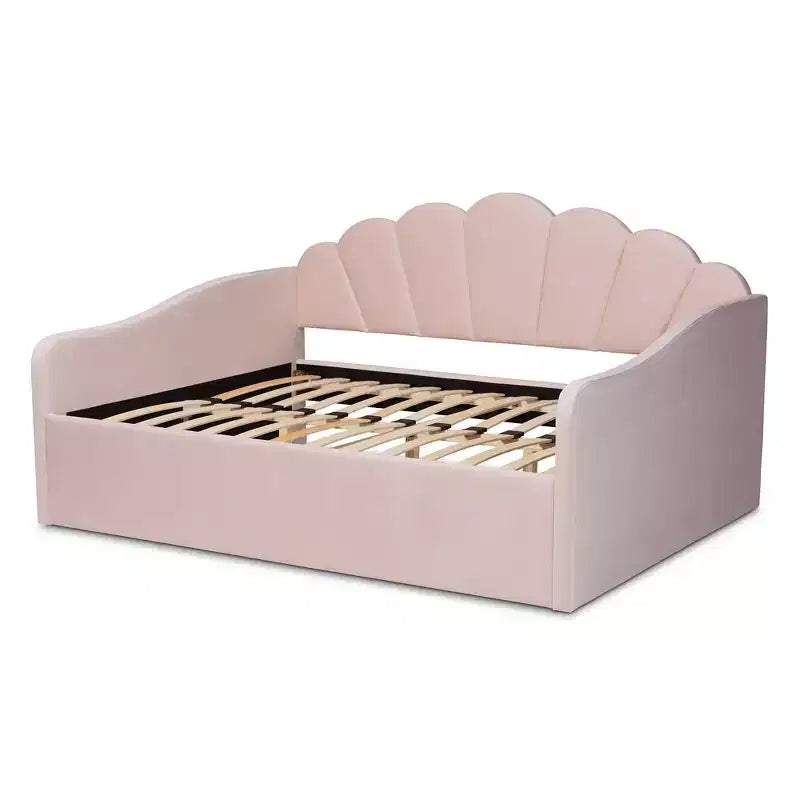 Lettino imbottito in tessuto di velluto Queen Timila rosa chiaro - Baxton Studio: ispirato alle conchiglie, non necessita di rete a molle