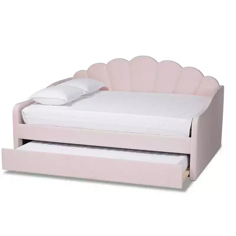 Letto a giorno matrimoniale imbottito in tessuto di velluto Queen Timila con letto estraibile - Baxton Studio: Mobili da camera glamour, non è necessaria la rete a molle