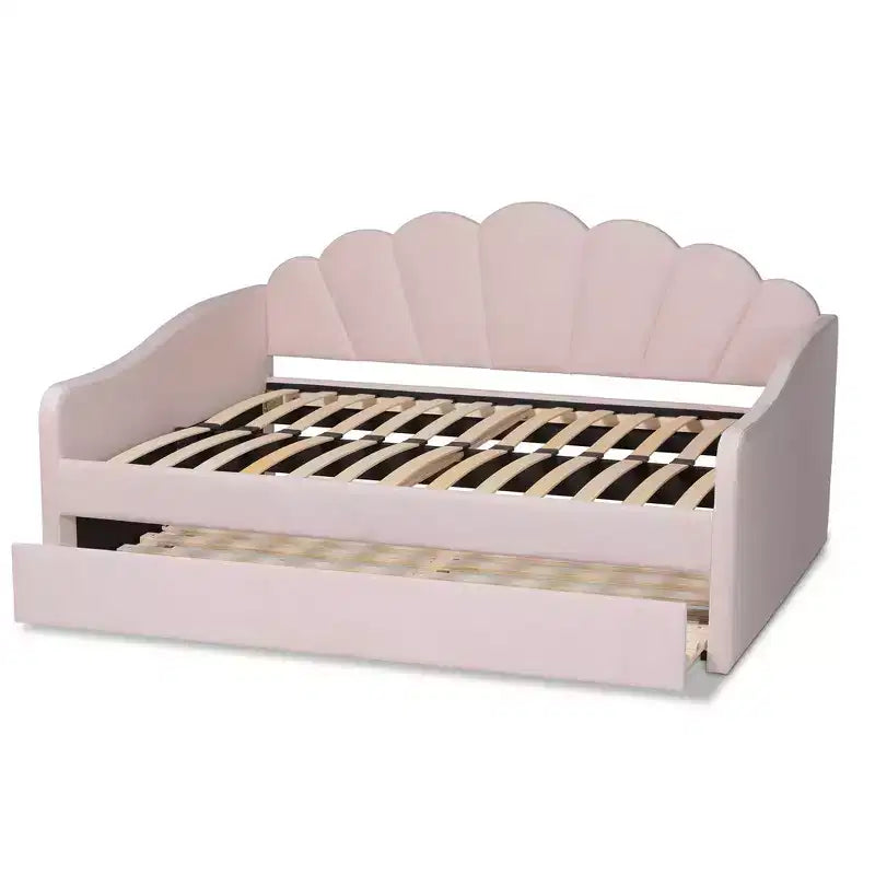 Letto a giorno matrimoniale imbottito in tessuto di velluto Queen Timila con letto estraibile - Baxton Studio: Mobili da camera glamour, non è necessaria la rete a molle