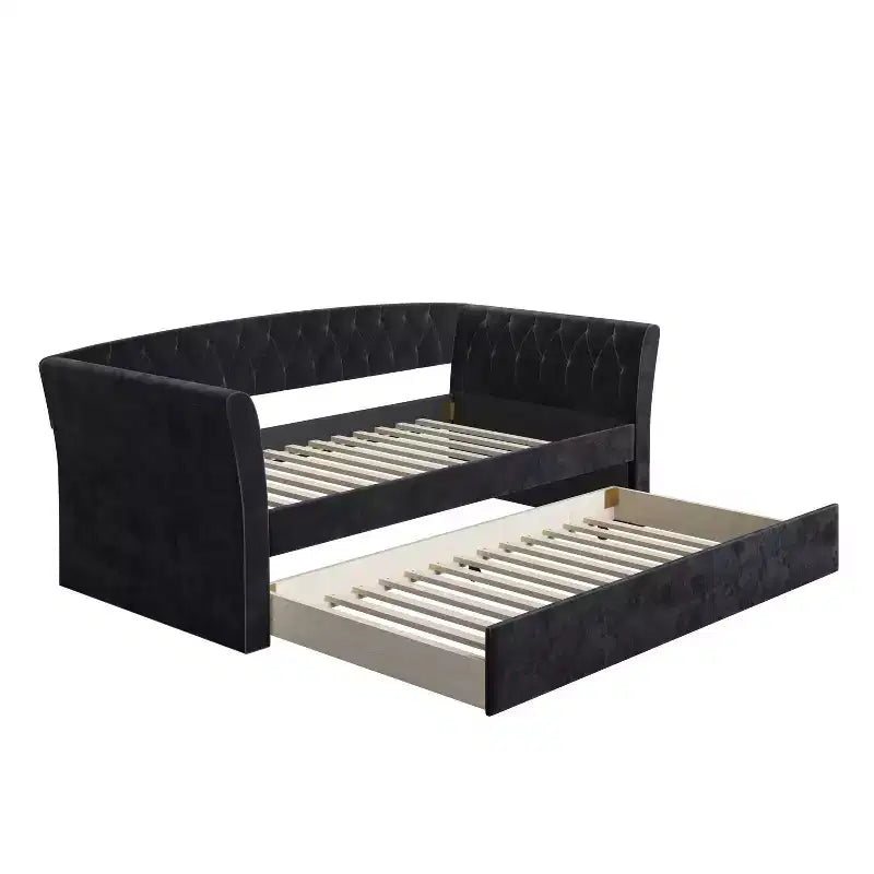 Twin Opal Velour Upholstered Sofa Daybed with Trundle Black - Eco Dream: Roll-Out Frame, Tufted Design
