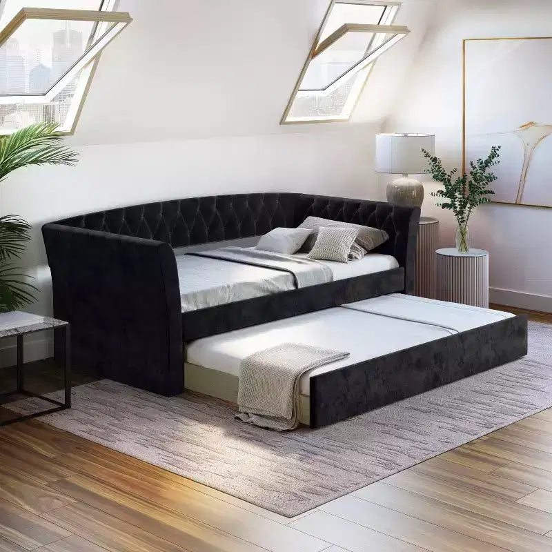 Divano Letto in Velluto Gemellato Twin Opal con Rotelle Nero - Eco Dream: Struttura Estraibile, Design Trapuntato