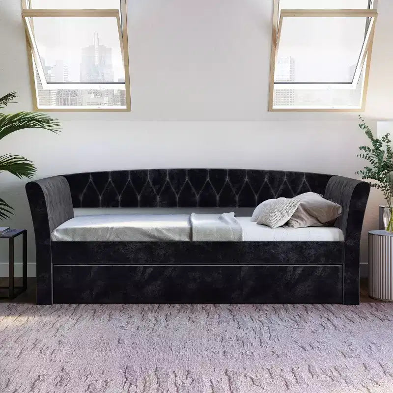 Divano Letto in Velluto Gemellato Twin Opal con Rotelle Nero - Eco Dream: Struttura Estraibile, Design Trapuntato