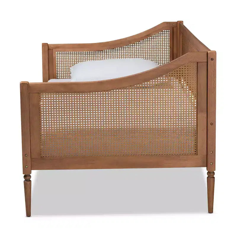 Divano letto Ogden in legno e rattan sintetico con gambe tornite - Baxton Studio: metà secolo, non richiede rete a molle