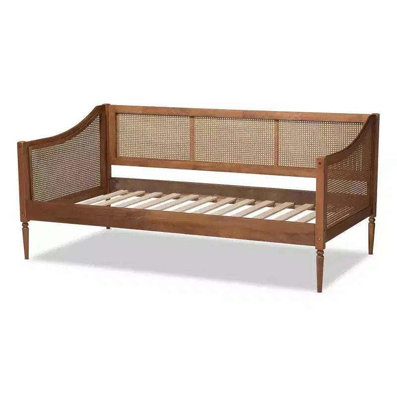 Divano letto Ogden in legno e rattan sintetico con gambe tornite - Baxton Studio: metà secolo, non richiede rete a molle